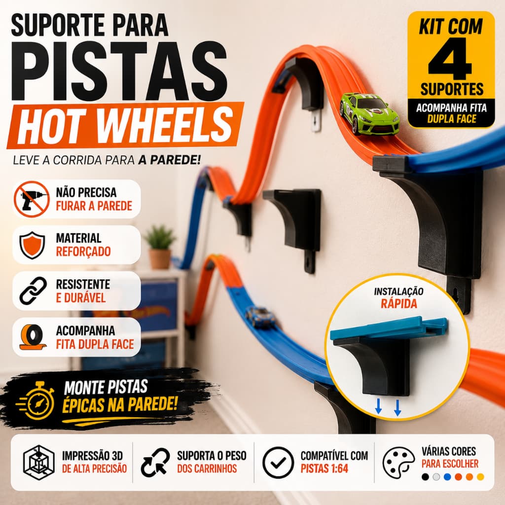 Suporte de Parede para Pista Hot Wheels | Fixador de Pista | Decoração Quarto Infantil | Acompanha dupla face