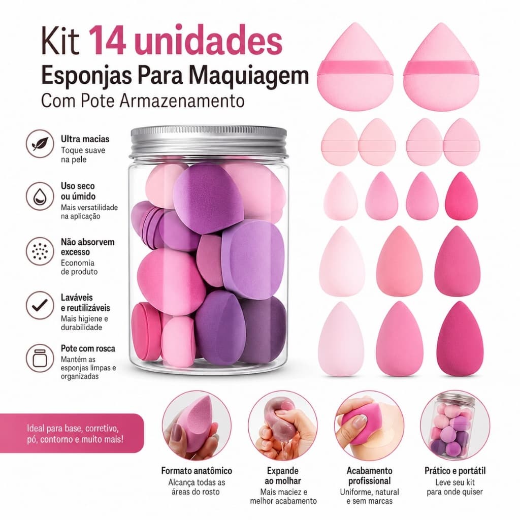 Kit 14 Esponjas de Maquiagem com Frasco Organizador para Base Pó Corretivo e Contorno