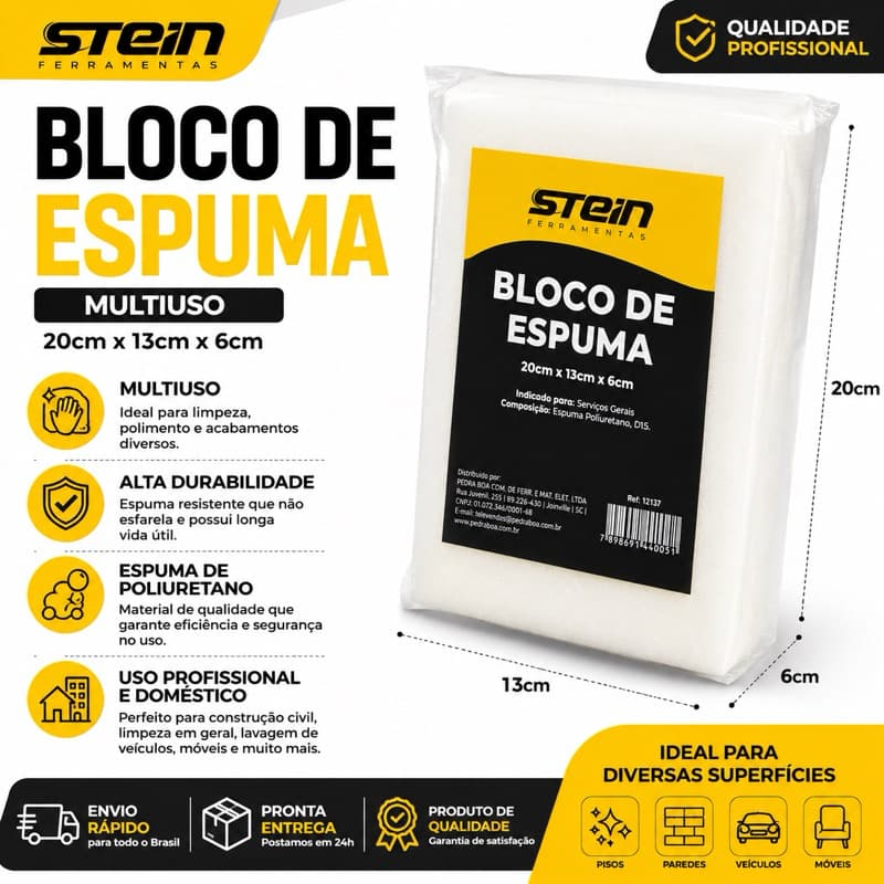 Bloco de Espuma Stein 20x13x6cm Multiuso para Limpeza Polimento Acabamento Pintura Construção Civil