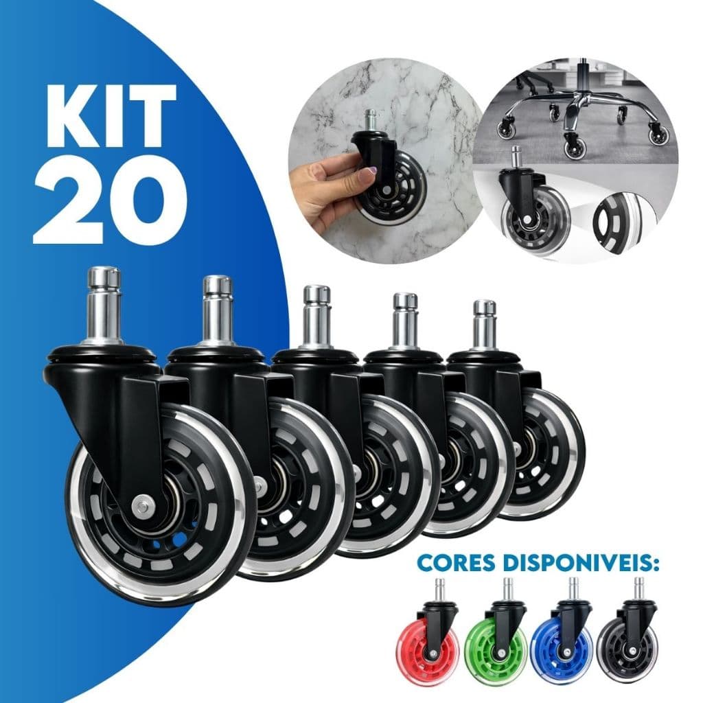 Kit 20 Rodinha Rodízio Cadeira Escritório 75mm Pu Antirisco