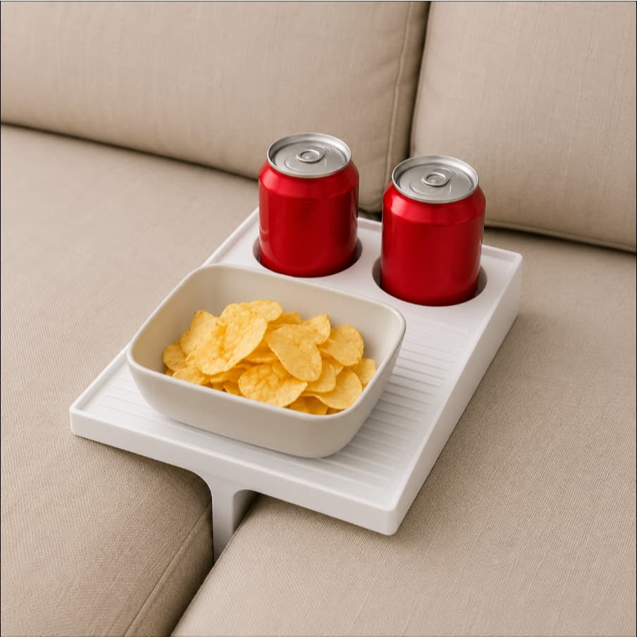 Mesa de Apoio para Braço de Sofá com 2 Porta-Copos | Suporte para Celular, Controle Remoto e Bebidas