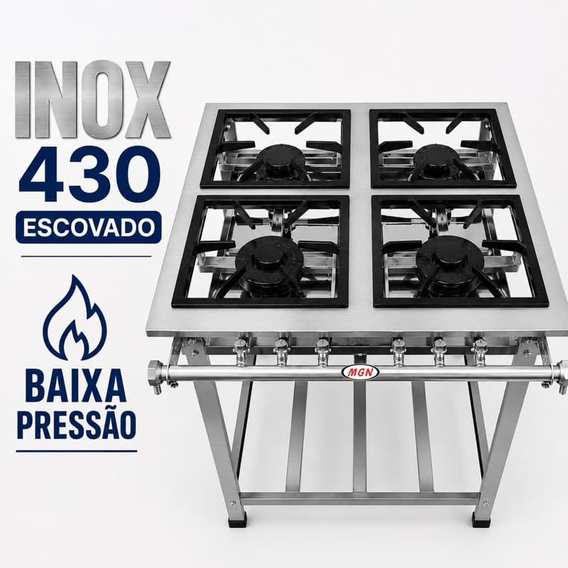 Fogão Industrial Inox Baixa Pressão 4 Bocas Cozinha Gourmet Restaurante