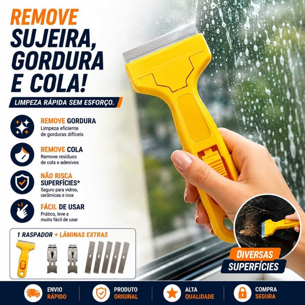 Kit Raspador Multiuso Limpeza Pesada Vidro Azulejo Piso + Lâminas de Brinde Limpa Vidro Estilete Chão Plano Ceramica