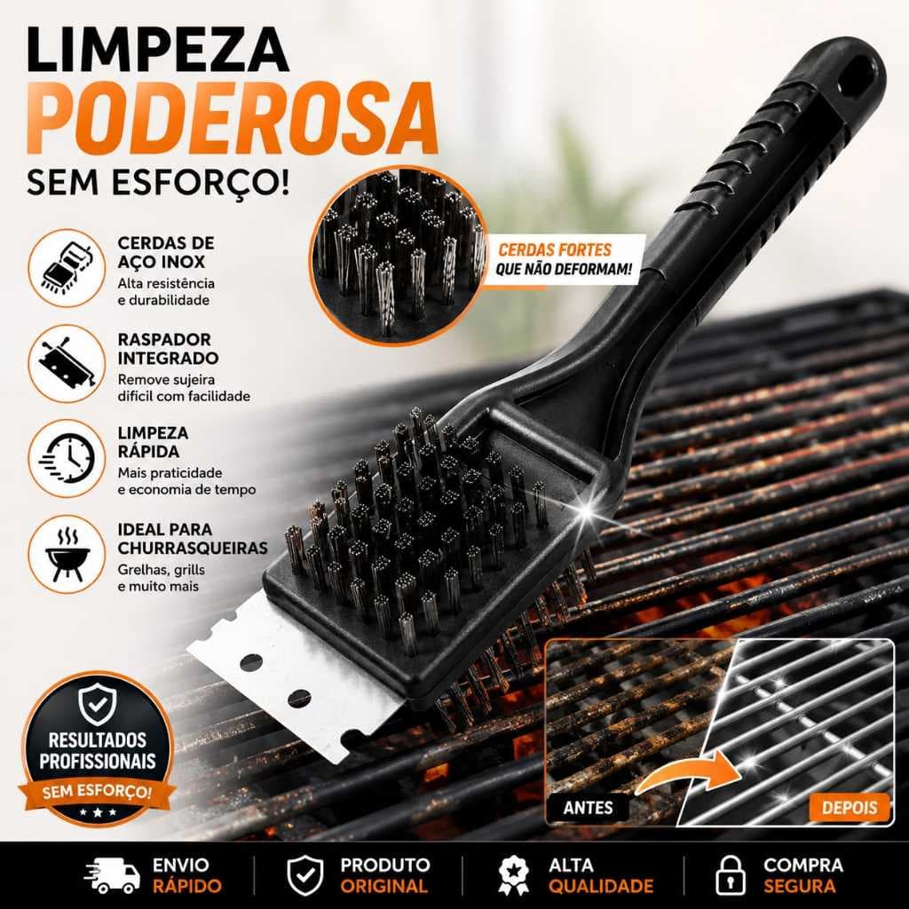 Escova Para Grelha Com Raspador de Aço Profissional Removedor Gordura Pesada Limpa Panela Resistente Alta Durabilidade