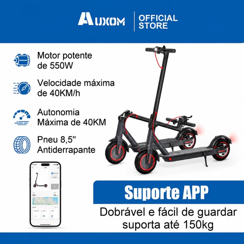 Patinete Elétrico Adulto Dobrável 550W Até 150Kg 40KM Autonomia 40KM/H Scooter Portátil Reforçado