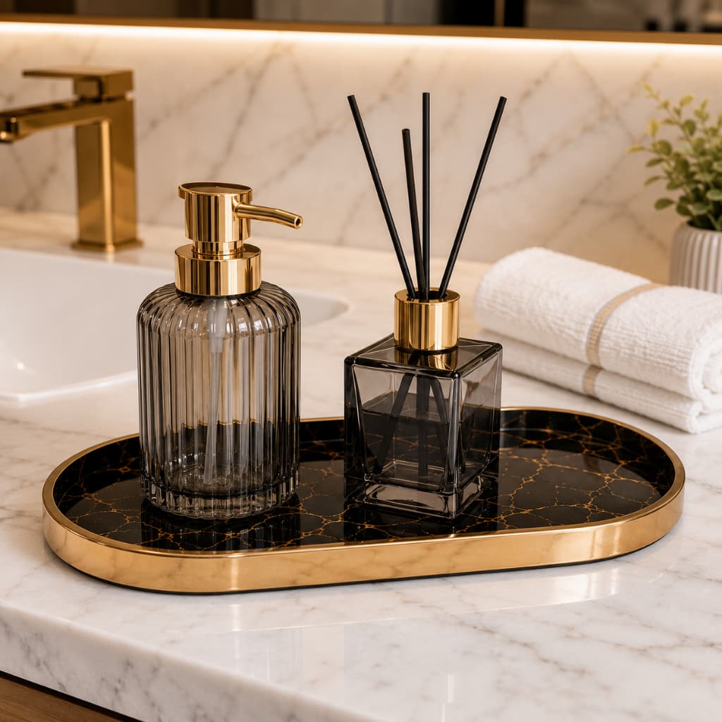 Bandeja Decorativa para Banheiro e Lavabo Mármore Preto Borda Dourada Organizador Luxo
