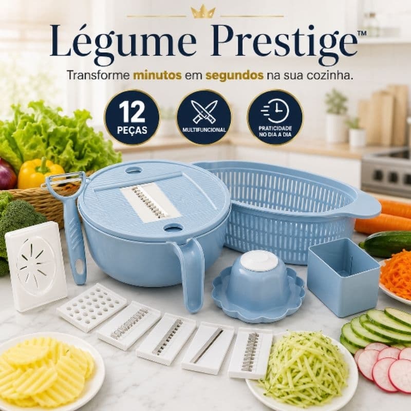 Kit Ralador e Fatiador de Legumes Multifuncional 12 Peças com Cesto Escorredor Lâminas Inox Manual