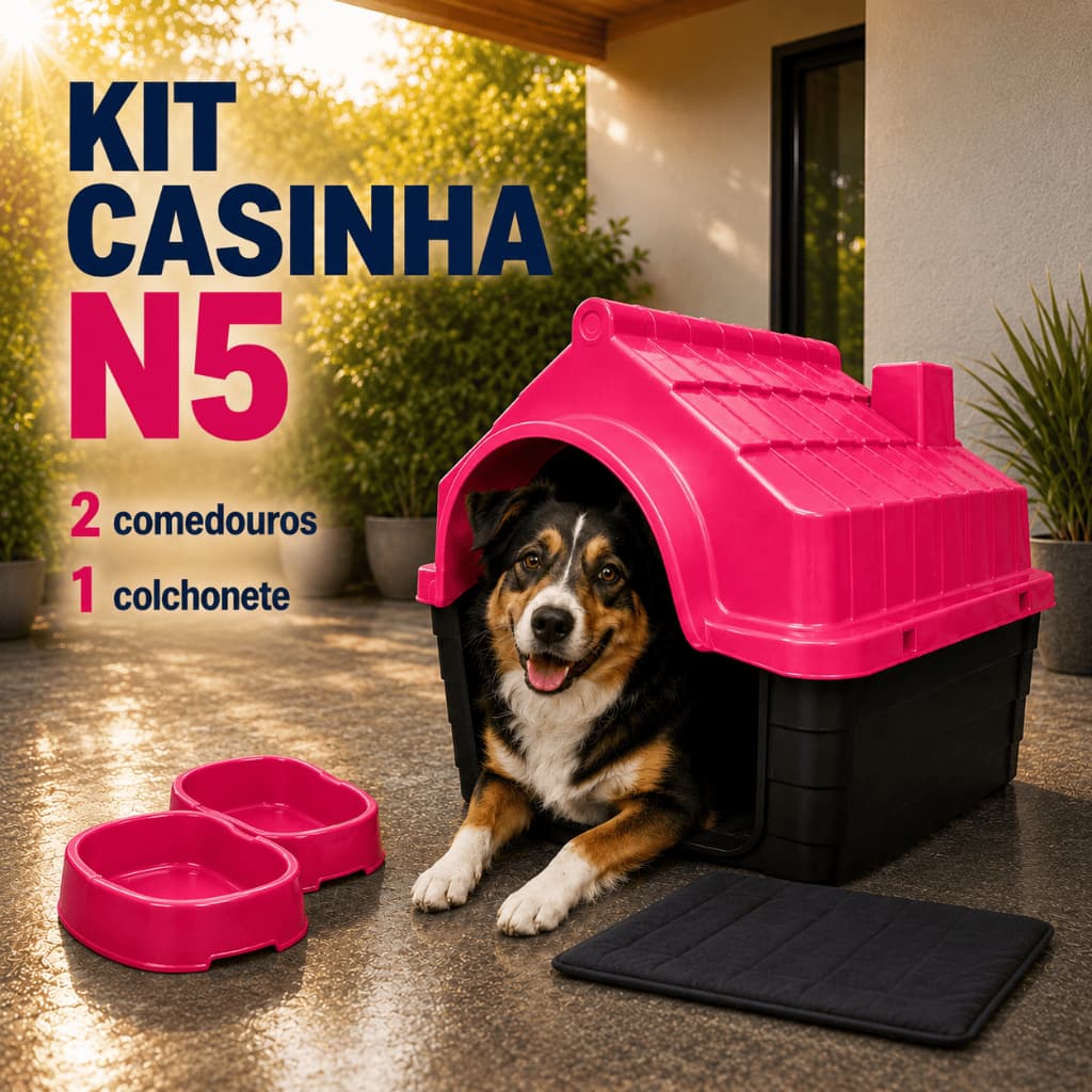 Kit Casa para Cachorro N5 – Casinha Plástica + Colchonete + Comedouros | Pronta Entrega