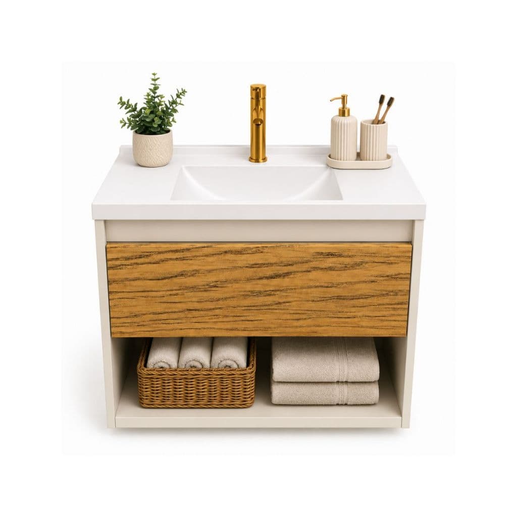 Armário Gabinete de Banheiro 60cm com Pia em Polipropileno | Móvel Suspenso 2 Nichos | Modelo Sofia