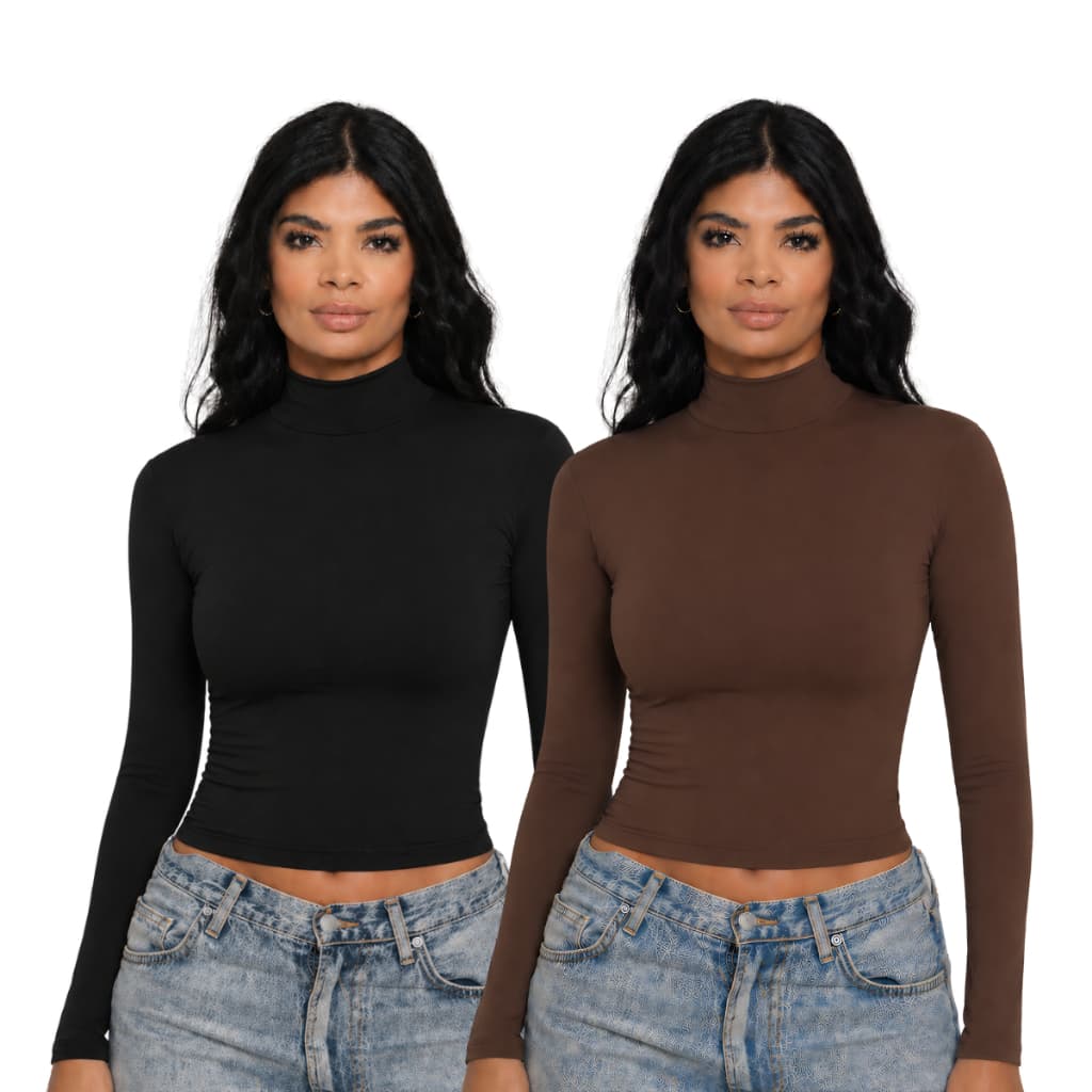 KIT 2 - Blusa Feminina Manga Longa Gola Alta Segunda Pele Básica Gola Estendida Justa Confortável Inverno