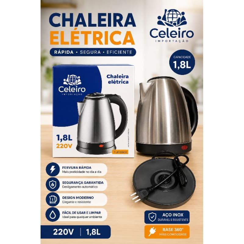 chaleira elétrica inox corpo em inox alça isotérmica celeiro 220 volts