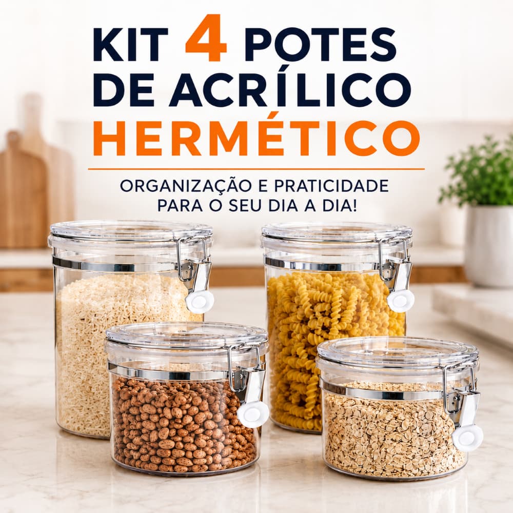 KIT 4 POTES ORGANIZADORES HERMÉTICOS DE ACRÍLICO COM TRAVA P/ ALIMENTOS (400ML/550ML/750ML E 950ML).