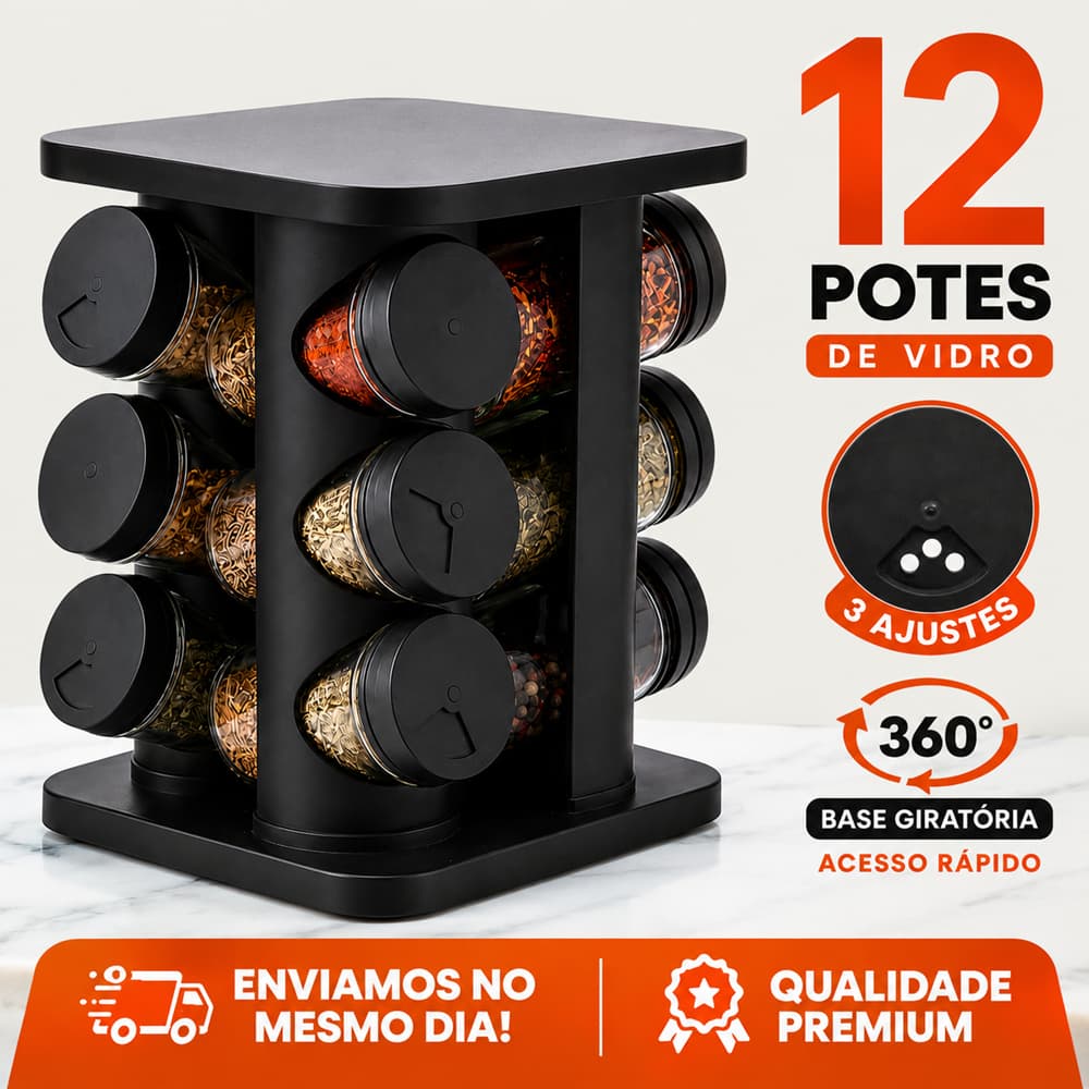 Porta Tempero Condimento Giratório 12 Potes 85ml Organizador de Temperos Preto 360 Graus para Cozinha Moderno