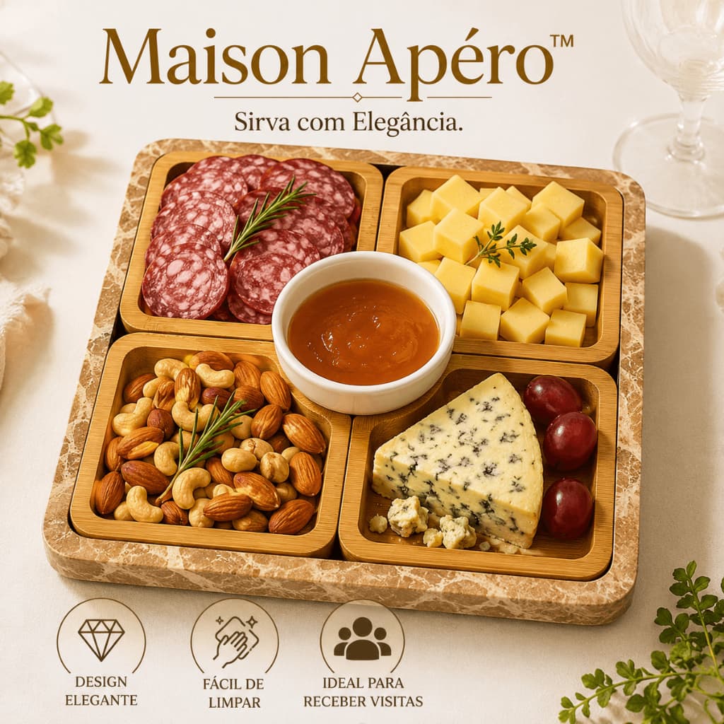 Petisqueira Madeira com Bandeja 4 Divisórias | Conjunto para Queijos, Frios, Petiscos e Aperitivos | Maison Apéro™