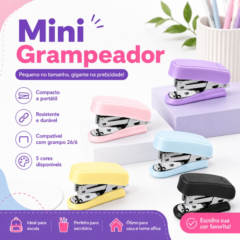 Mini Grampeador 26/6 Metal Escolar Escritorio Cor Pastel Amarelo Rosa Azul Lilás Preto Aço Reforçado
