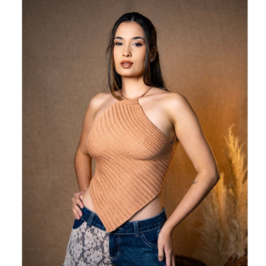 TOP CROPPED LENÇO MODAL FEMININO TRICOT FRENTE UNICA BICO COM AMARRAÇÃO NAS COSTAS CONFORTAVEL LUXO VERAO