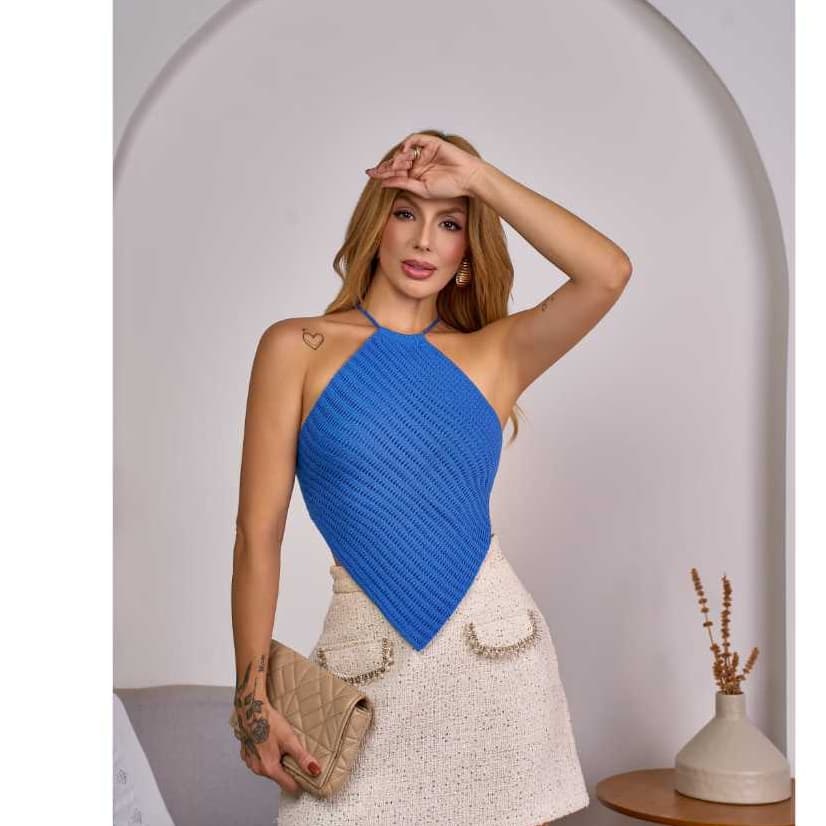 TOP CROPPED LENÇO MODAL FEMININO TRICOT FRENTE UNICA BICO COM AMARRAÇÃO NAS COSTAS CONFORTAVEL LUXO VERAO