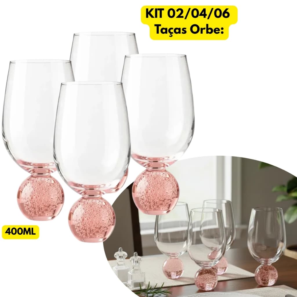 Jogo Kit 02/04/06 Taças Vidro Rose Orbe Vinho 400ML Servir Seco Drink Restaurante Qualidade Bonita