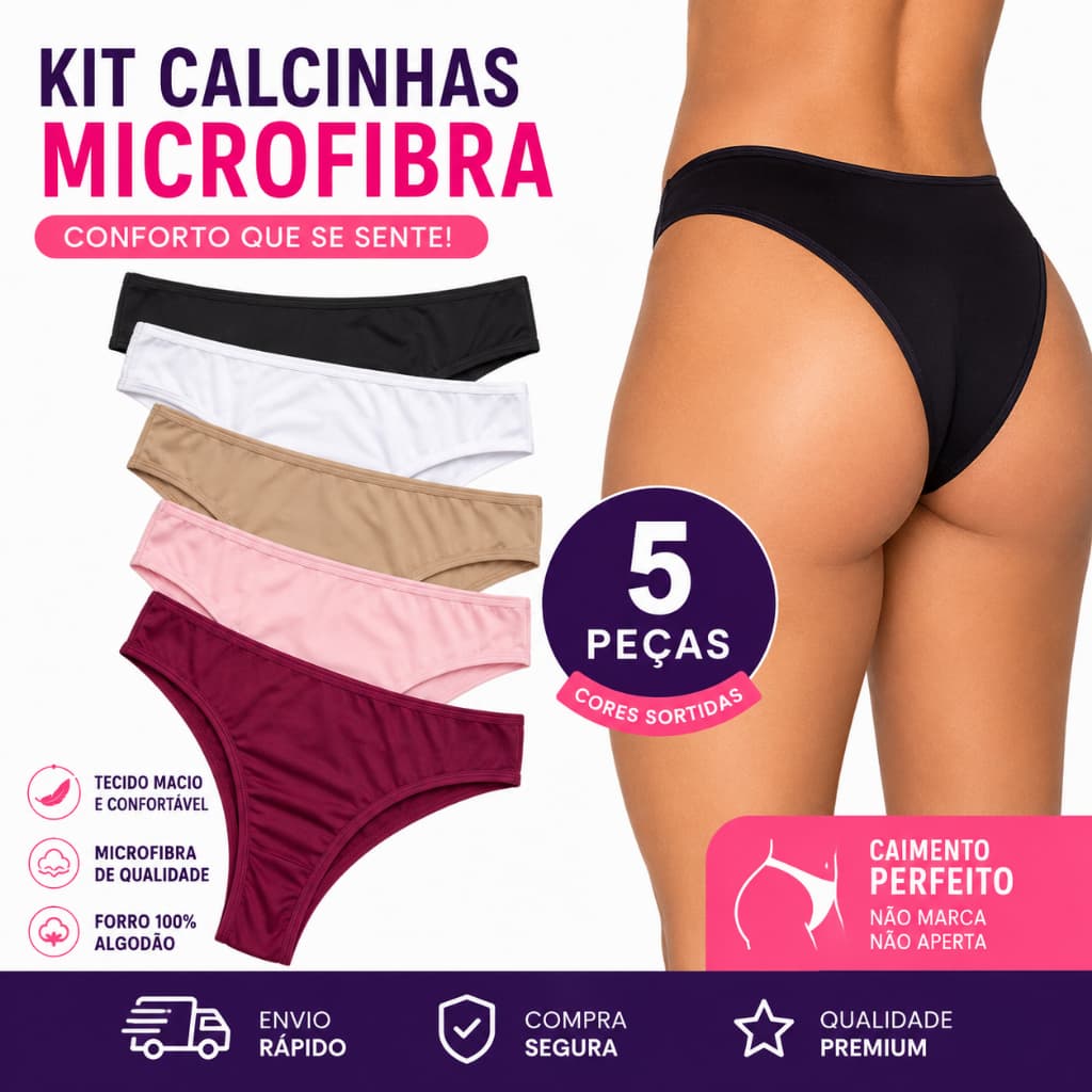 Kit 5 Calcinha Feminina Microfibra Conforto Adulto Forro 100% Algodão Cores Variadas