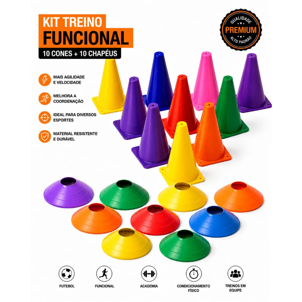 KIT AGILIDADE 20 PEÇAS | 10 CONES + 10 CHAPEUS, IDEAL PARA FUTEBOL, FUNCIONAL E PREPARAÇÃO FÍSICA