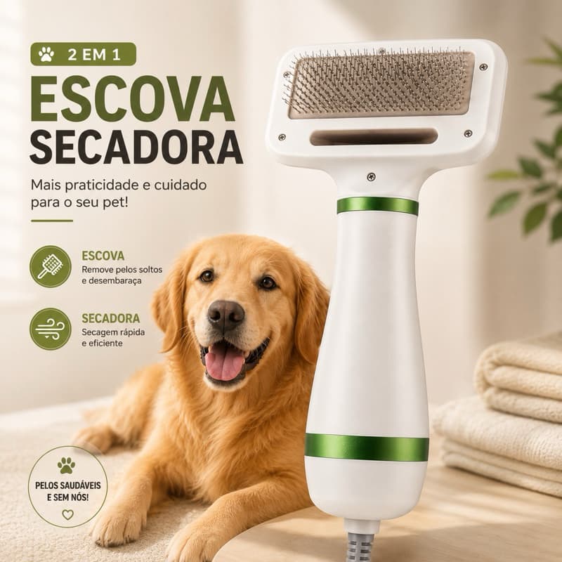 Escova Secadora para Pets 2 em 1 | Escova Desembaraçadora com 2 Níveis de Calor | Remove Pelos Soltos para Cães e Gatos