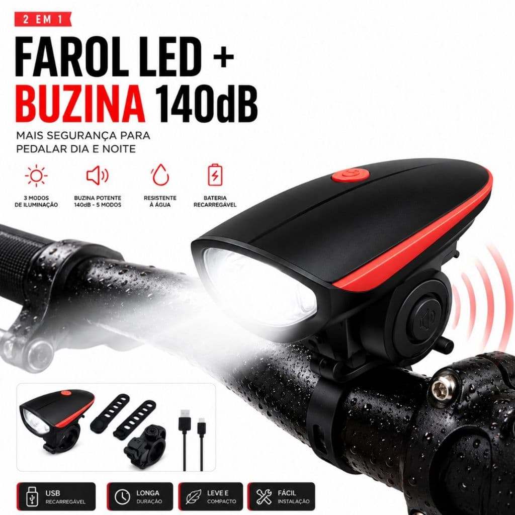 Farol LED Recarregável USB com Buzina 140dB para Bicicleta 3 Modos de Luz Resistente à Água