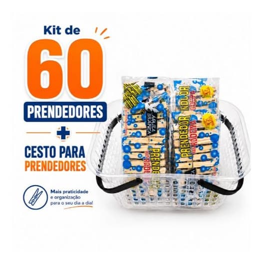 Kit Cesto com 60 Prendedores de Roupa Madeira Reforçado com Alça para Lavanderia