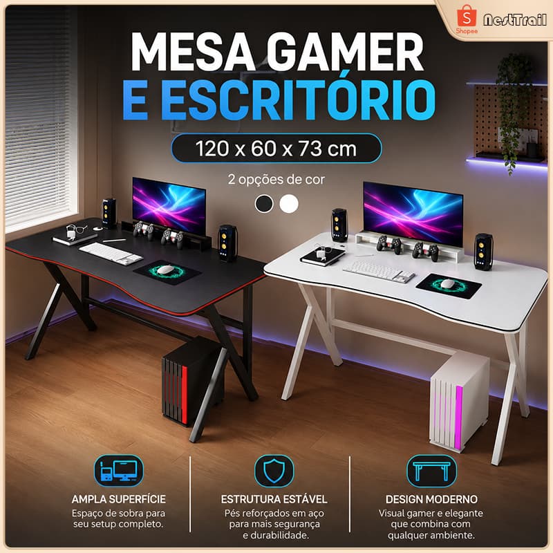 Mesa de Computador Gamer para Quarto, Mesa de Trabalho Estudo, Escrivaninha Moderna para Notebook e PC