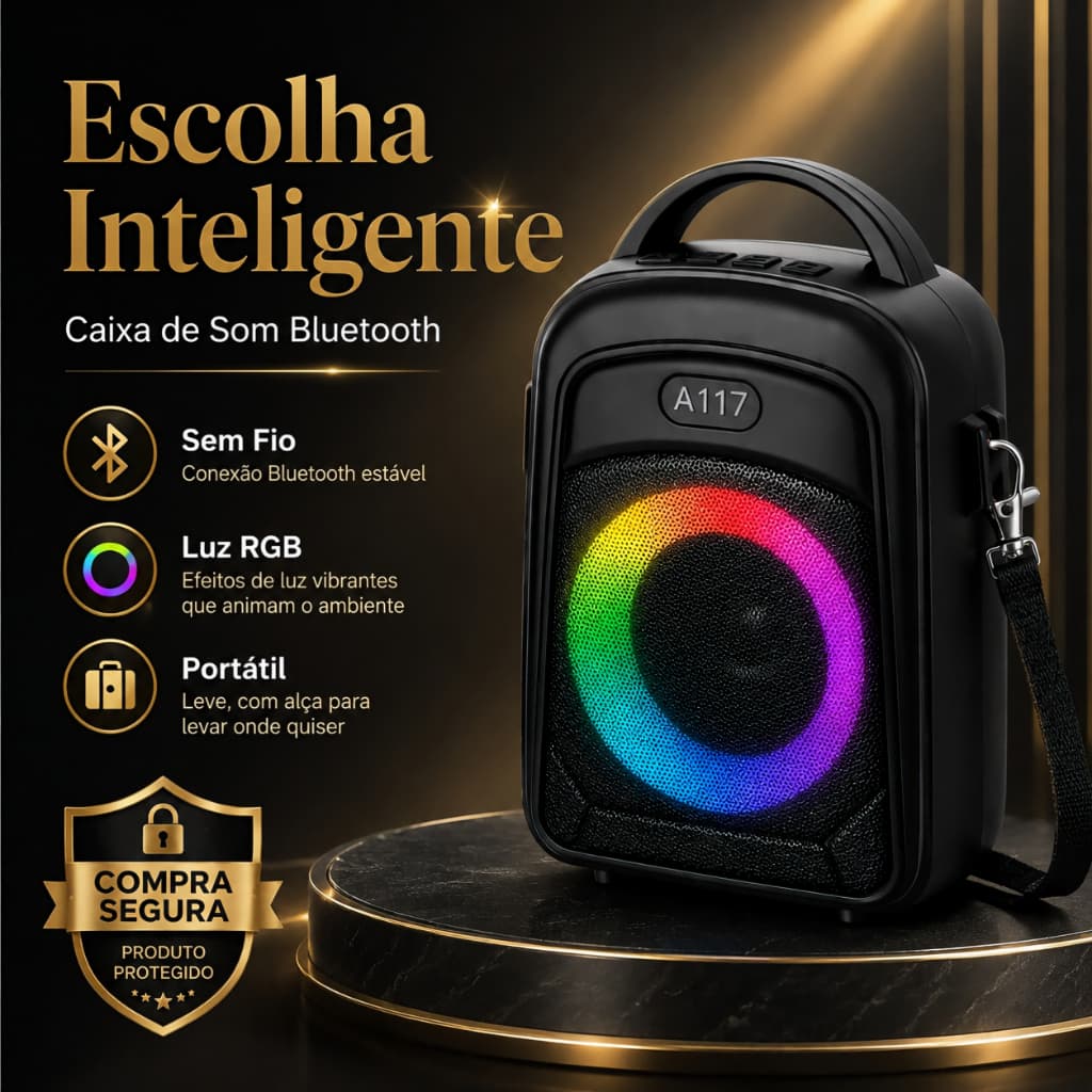 Caixa de Som Bluetooth Premium A117 Preta com Iluminação RGB, Alça Removível e Design Elegante