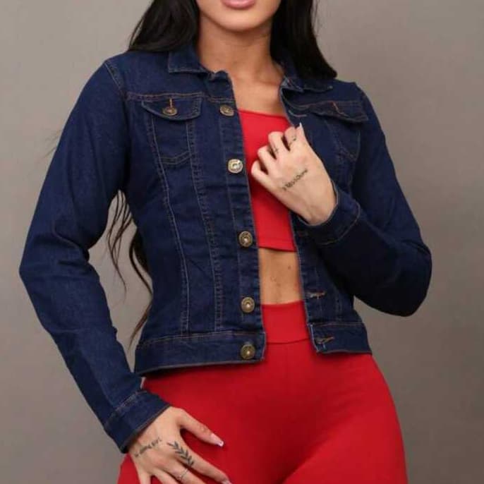 Jaqueta Jeans Feminina Acinturada Manga Longa Casaco Jeans Moda Feminina Azul Escuro