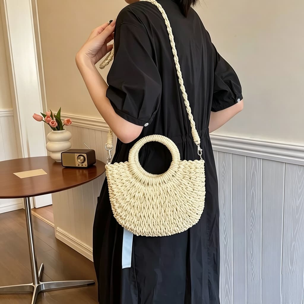 Bolsa Meia lua de praia feminina bolsa Quadrado palha bolsa transversal de verão Alça cânhamo Palha Feminina Grande Alça