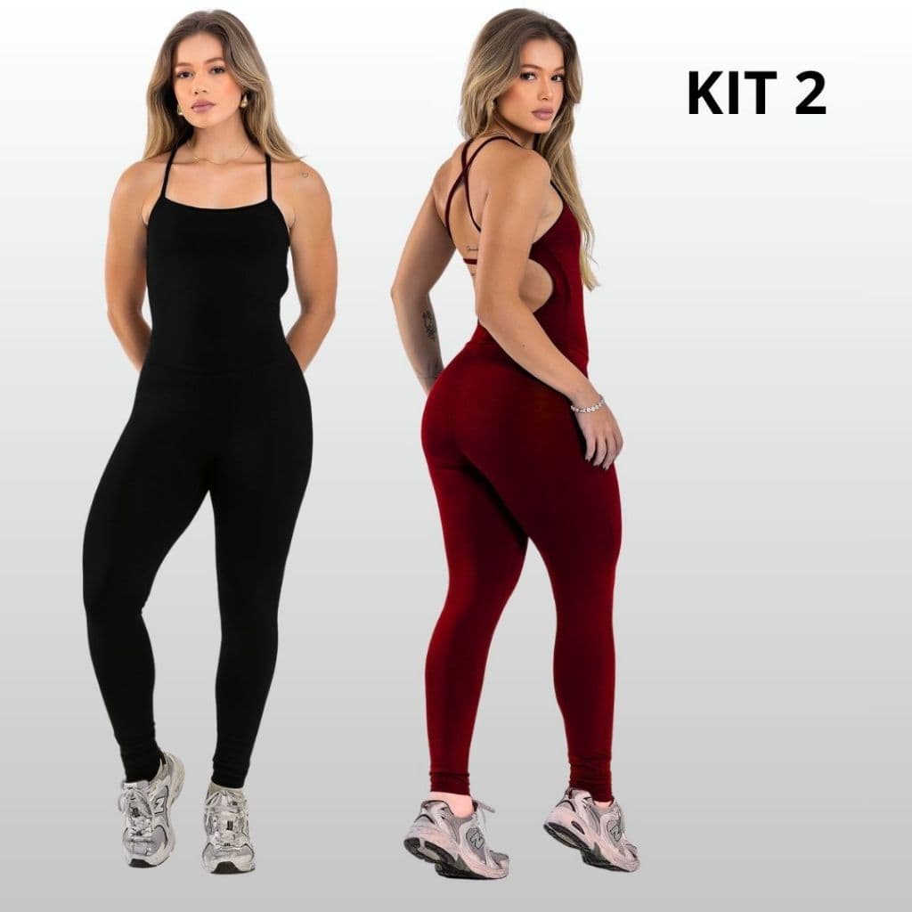 Kit 2 Macacão Fitness Feminino Suplex Longo Academia Treino Sem Bojo Academia