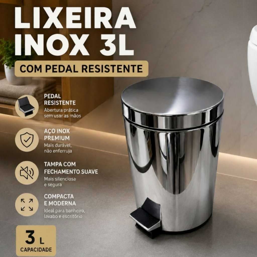 Lixeira Inox Premium com Pedal 3L 5L 12L Tampa Resistente para Banheiro e Cozinha. Lixeira premium aço inox resistente.
