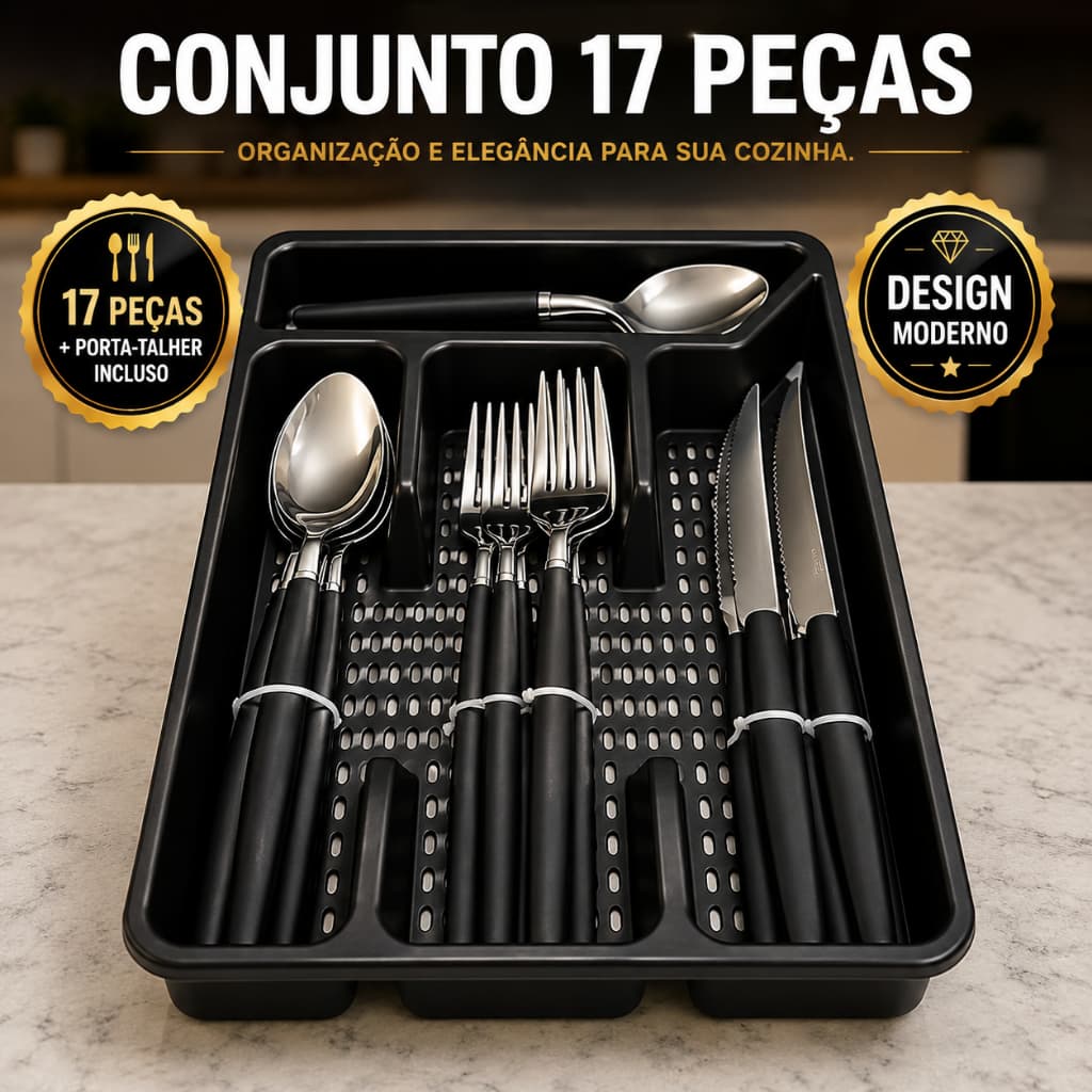 Conjunto Talheres Completo 17 Peças Preto Porta Talher Resistente Inox Moderno Jantar Mesa