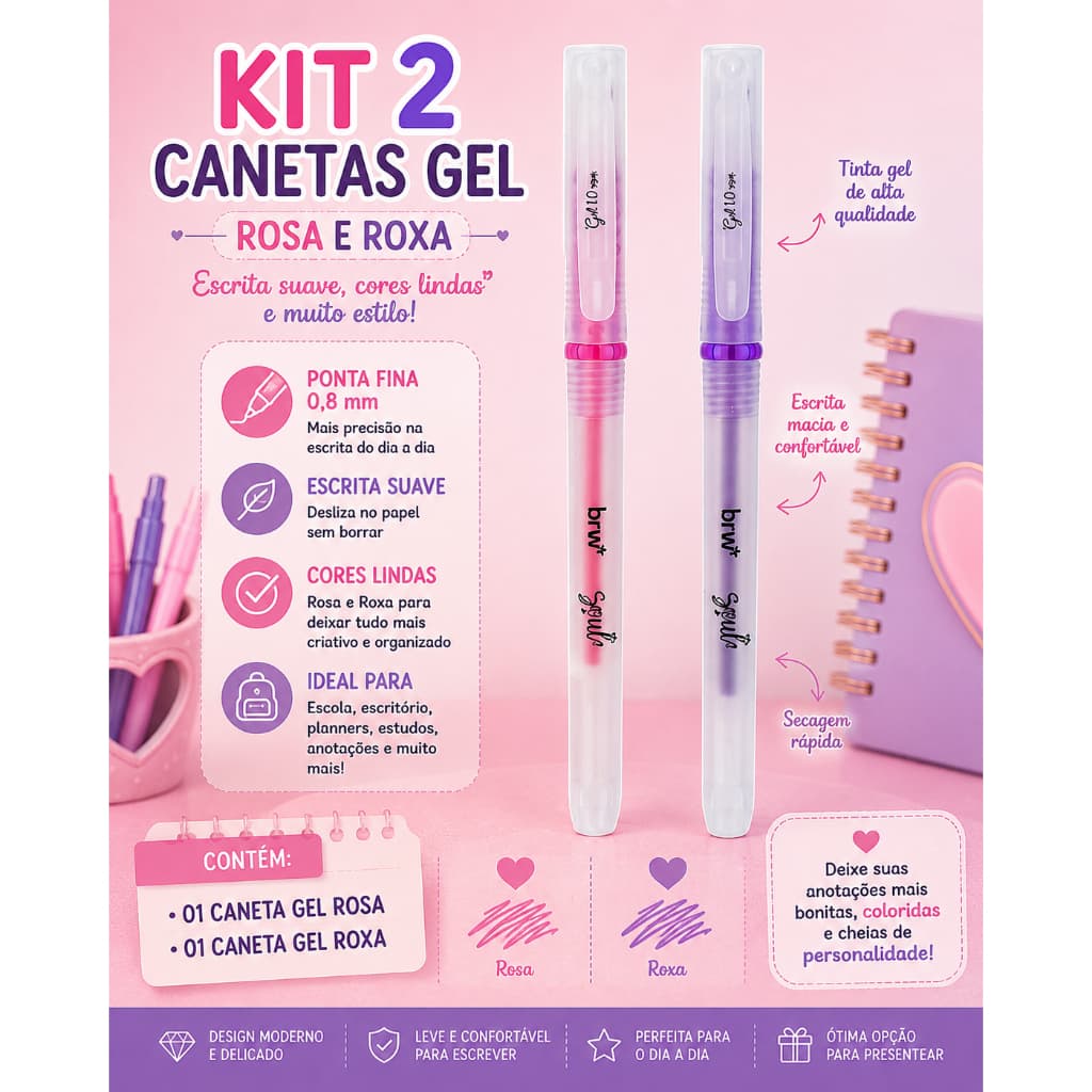 02 caneta gel kit caneta gel rosa e roxa colorida papelaria fofa material escolar