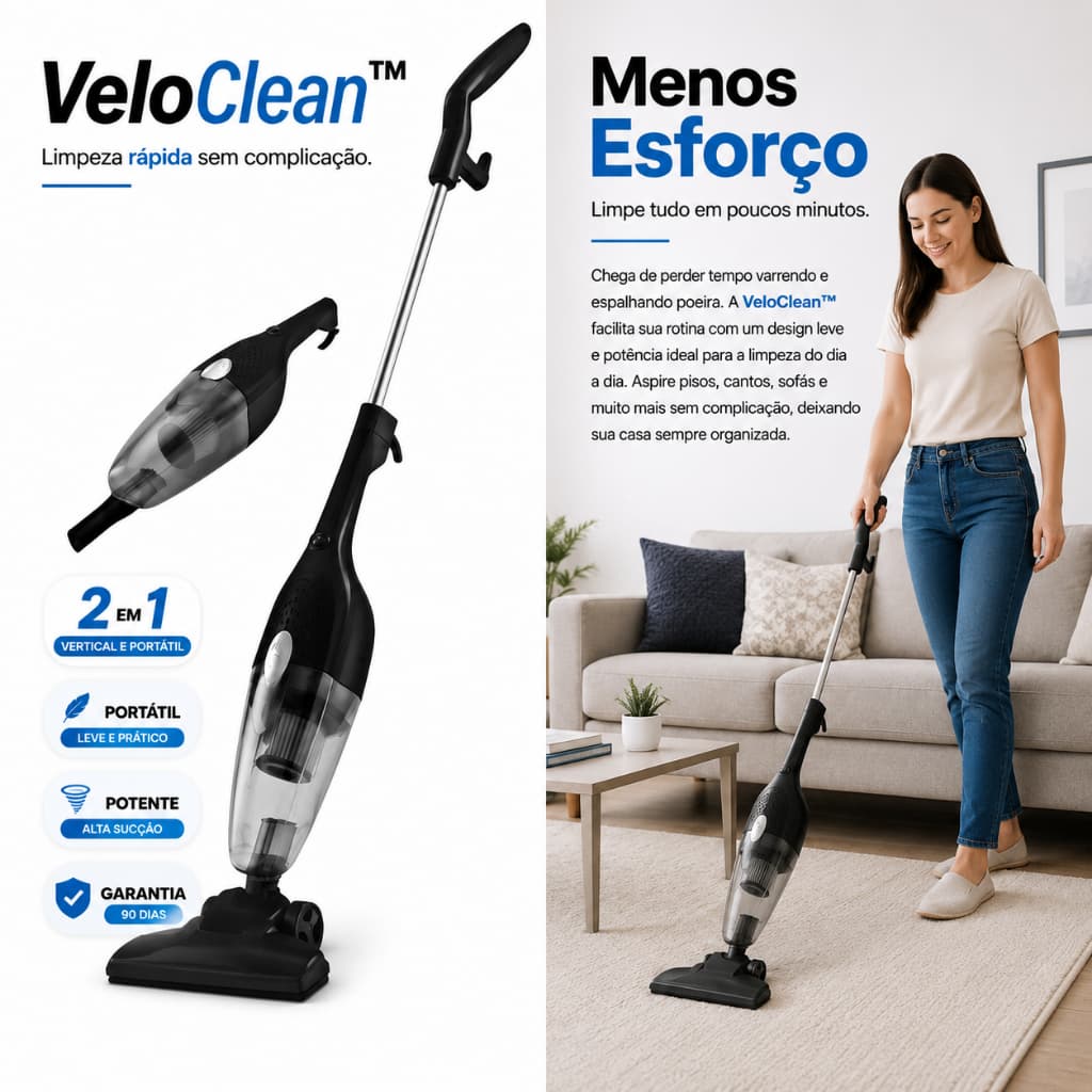 Aspirador de Pó Vertical 2 em 1 Portátil com Fio 110V Potente para Casa Sofá Estofados Carro VeloClean™