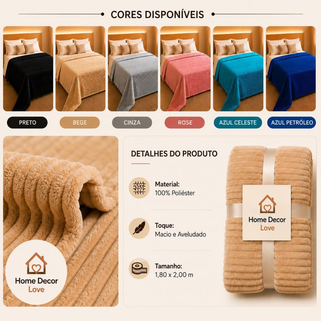 Manta Casal Luxo Canelada 2,00 Mt Elegância para Sua Cama