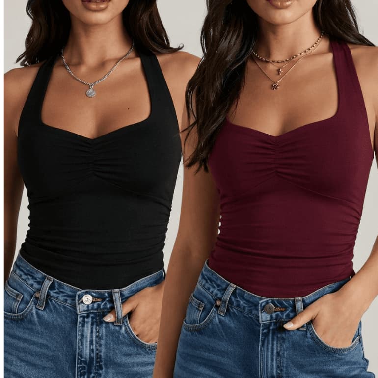 Kit com 2 Blusas Femininas Regatas Franzidas Halter Costas Nua Silicone Duplo No Seio Premium