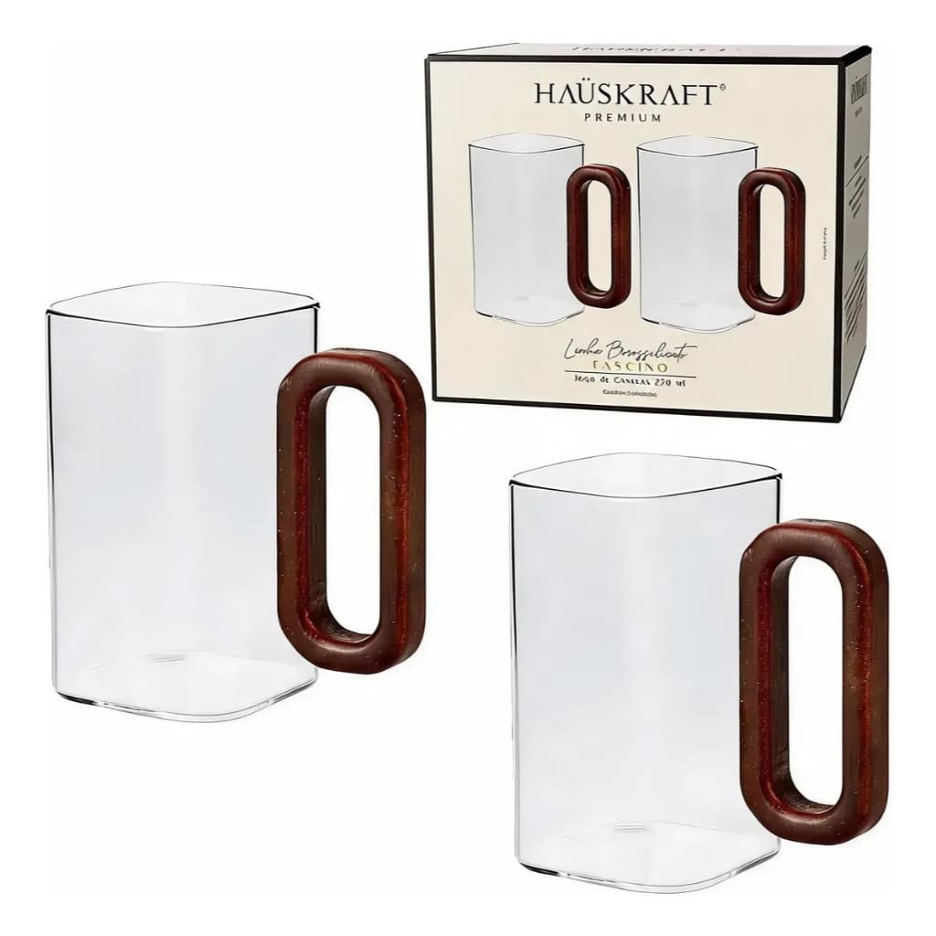 Jogo 2 Canecas de Vidro Borossilicato 250ml Hauskraft Premium com Alça de Madeira | Xícaras para Café e Chá