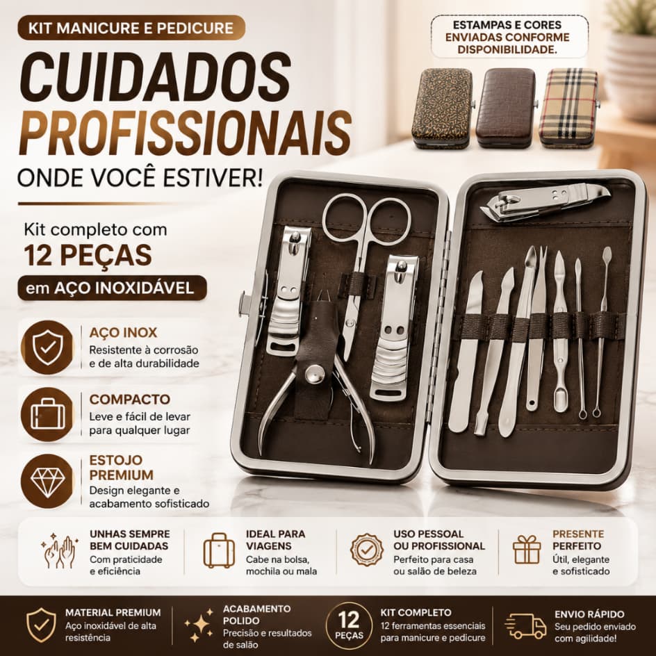 Conjunto Manicure Pedicure Profissional 12 Peças Aço Inoxidável Estojo Premium Viagem Design Ex