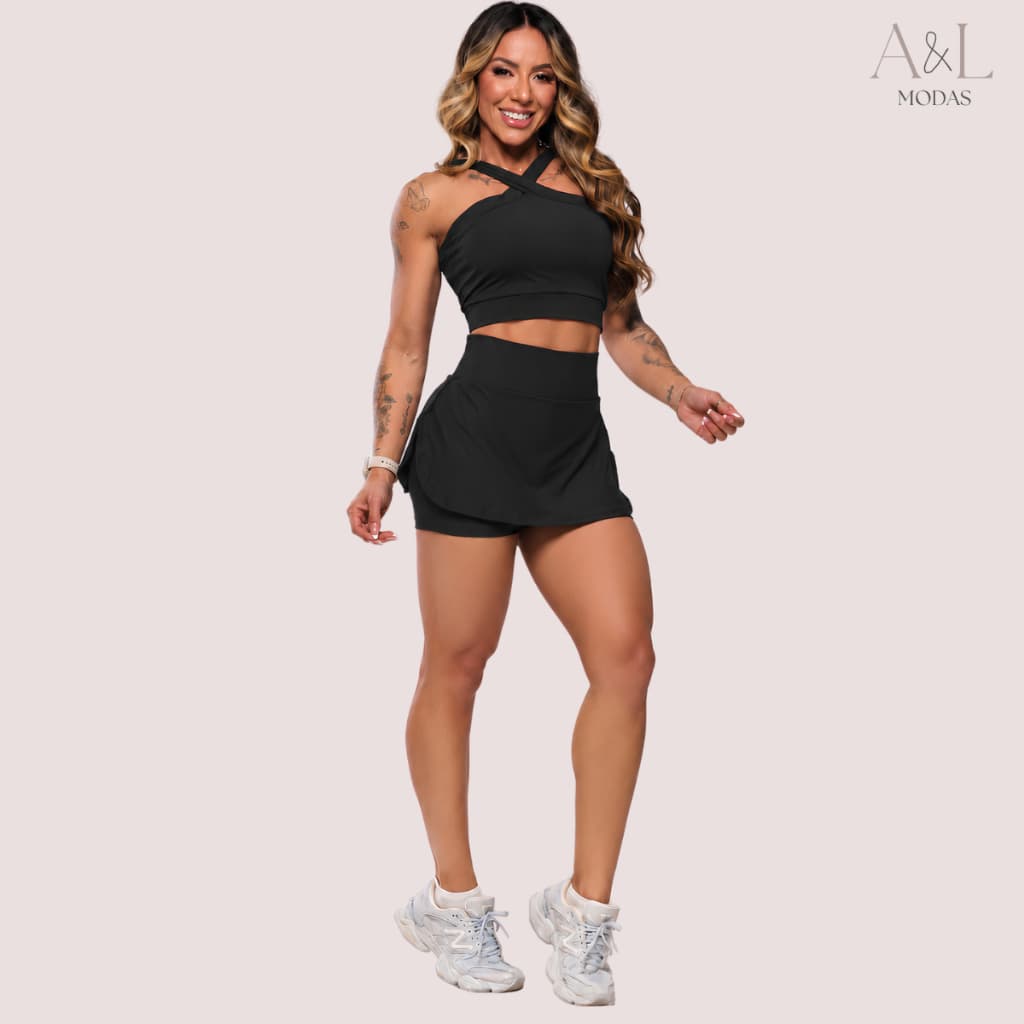 Conjunto Fitness Feminino Top Trançado Pescoço + Short Saia Tapa Bumbum Modelador Conforto Treino Academia
