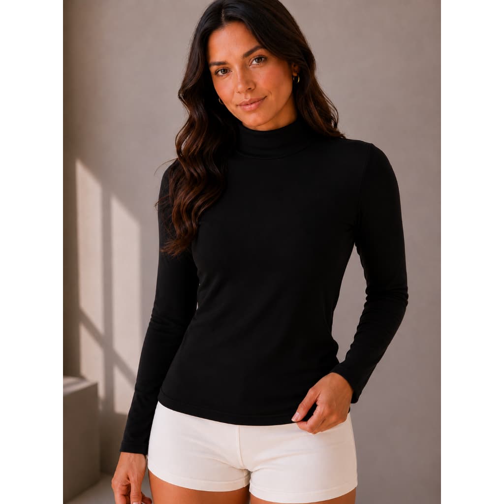 Blusa Feminina Manga Longa Cacharrel Gola Alta Segunda Pele Basica T-shirt