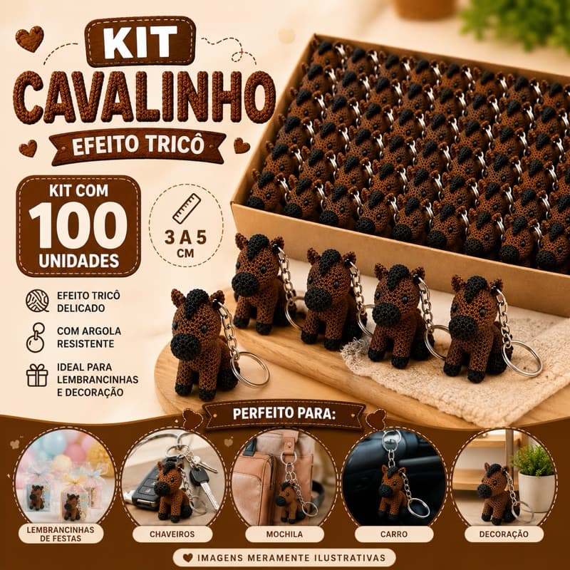 Kit 100 Unidades de Chaveiro de Cavalo 3D Efeito Tricô 3 a 5cm | Colecionável | Lembrancinha | Festas temáticas