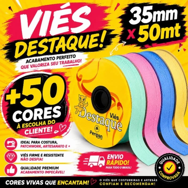 VIÉS 100% ALGODÃO LARGO 35MM 50MT DESTAQUE PERIPAN