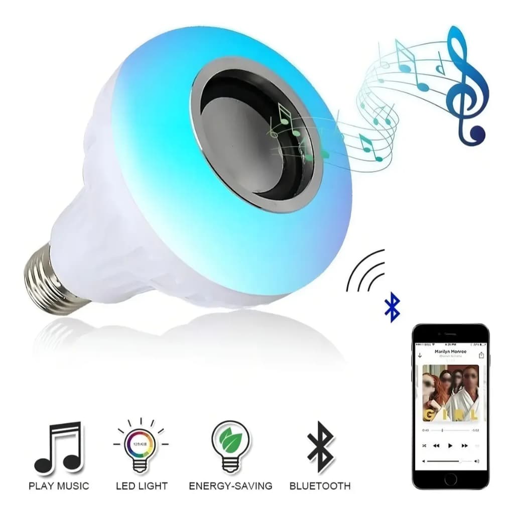 Lâmpada Bluetooth Musical LED RGB Caixa de Som e Controle Remoto 24 Funções 12w
