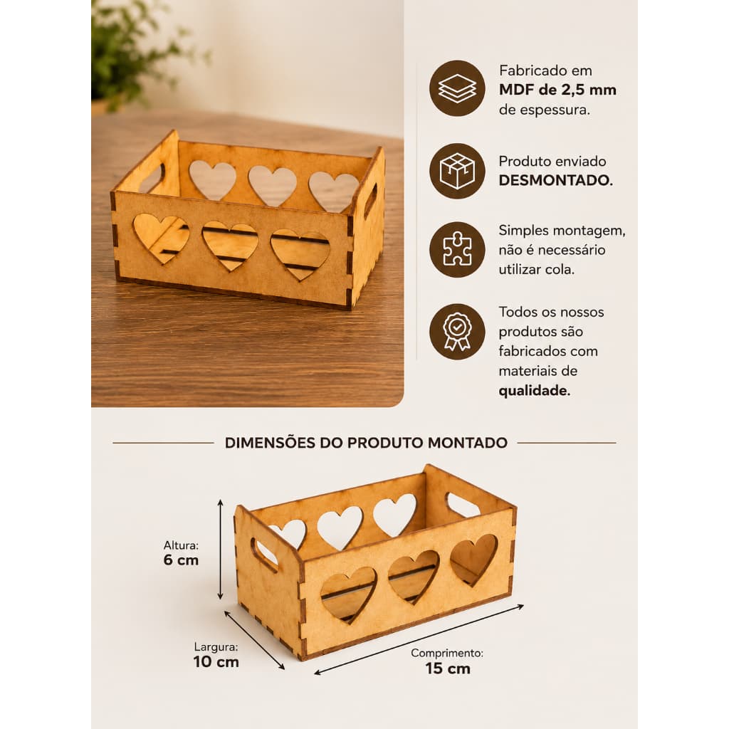 KIT 5 UNIDADES / Caixote Coração MDF 15x10 decorativo mini