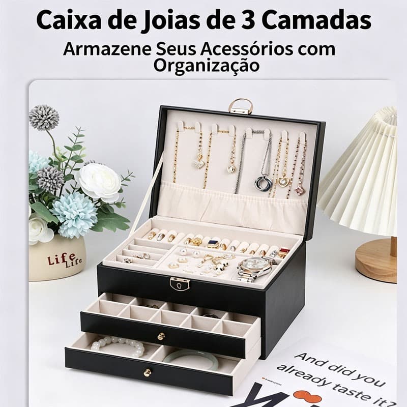 Caixa Organizadora de Jóias 3 /2 Camadas - Couro Resistente, Espaço para Colares e Anéis