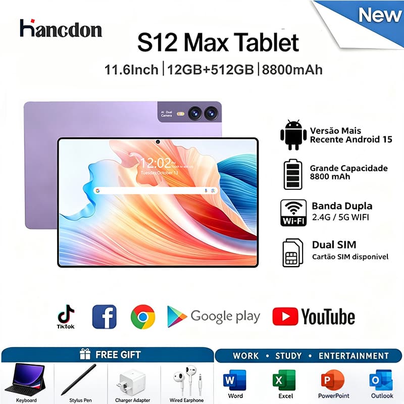 Hancdon S12 Max Tablet 11.6" 12+512GB 5G | Bateria 8800mAh | Envio 24h Android 15
