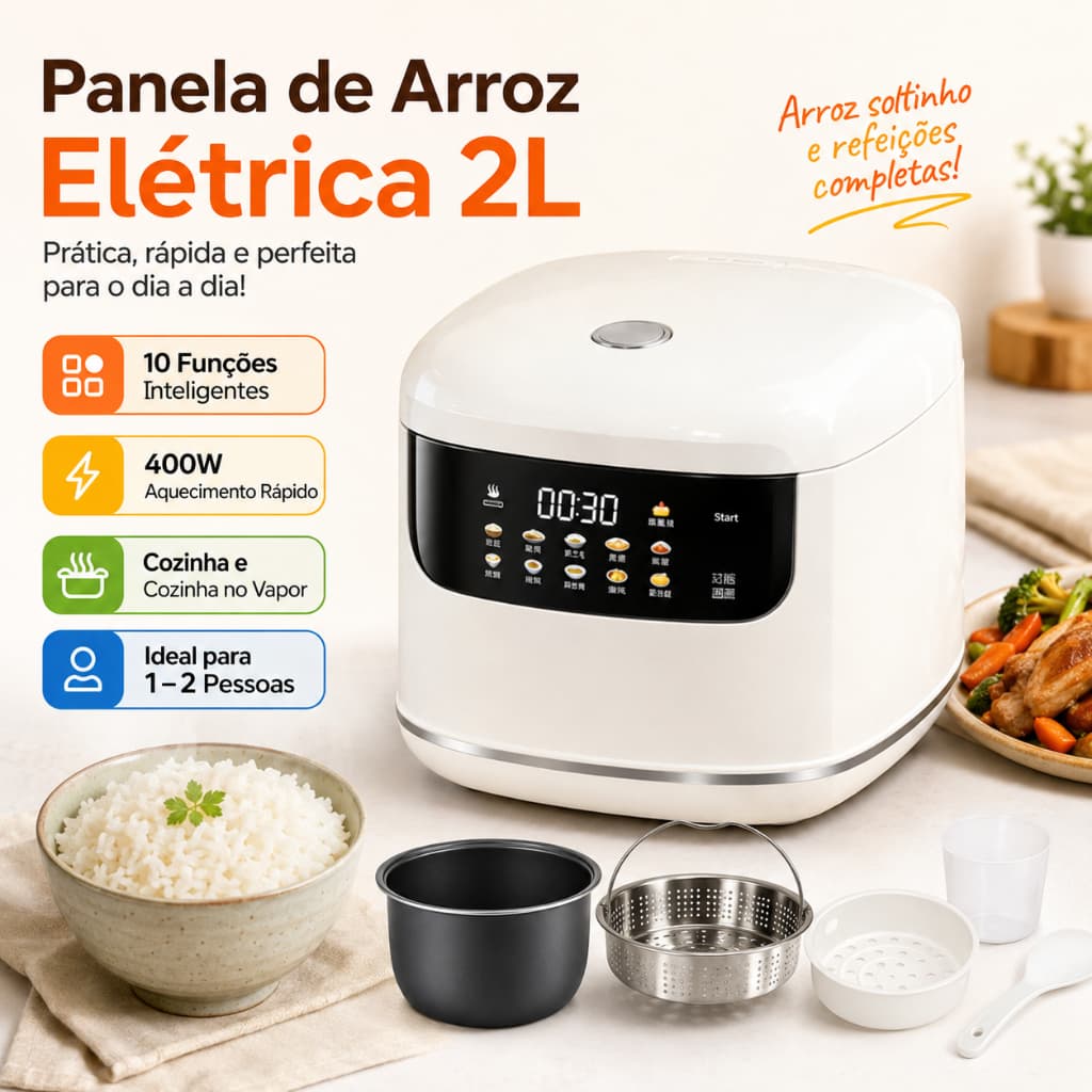 Panela Elétrica de Arroz 2L Multifuncional Inteligente 400W com 10 Funções, Arroz Rápido Vapor Bolo Mingau Sopa