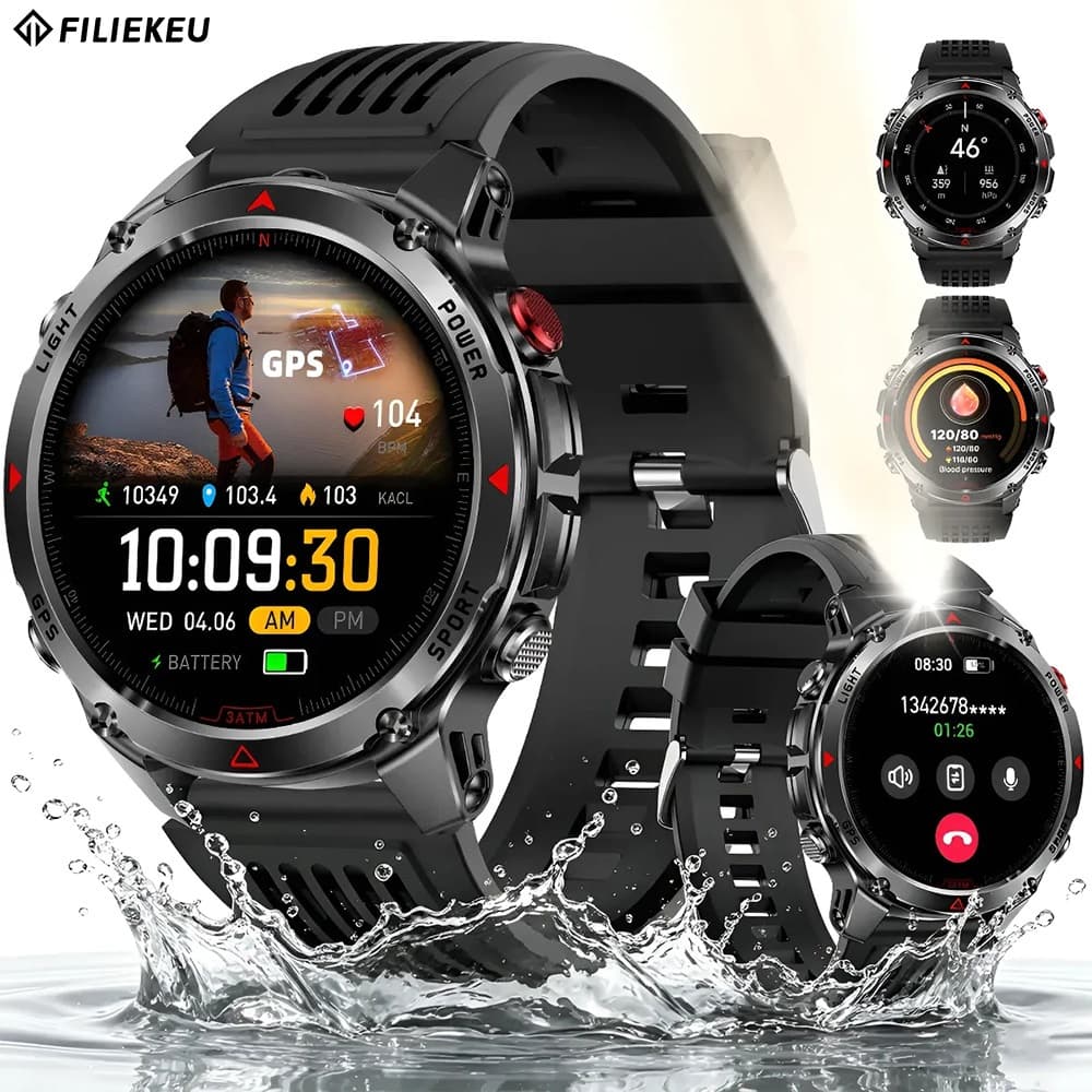 FILIEKEU smartwatch relogio GPS bússola lanterna LED Chamadas Bluetooth relógio smartwatch masculino